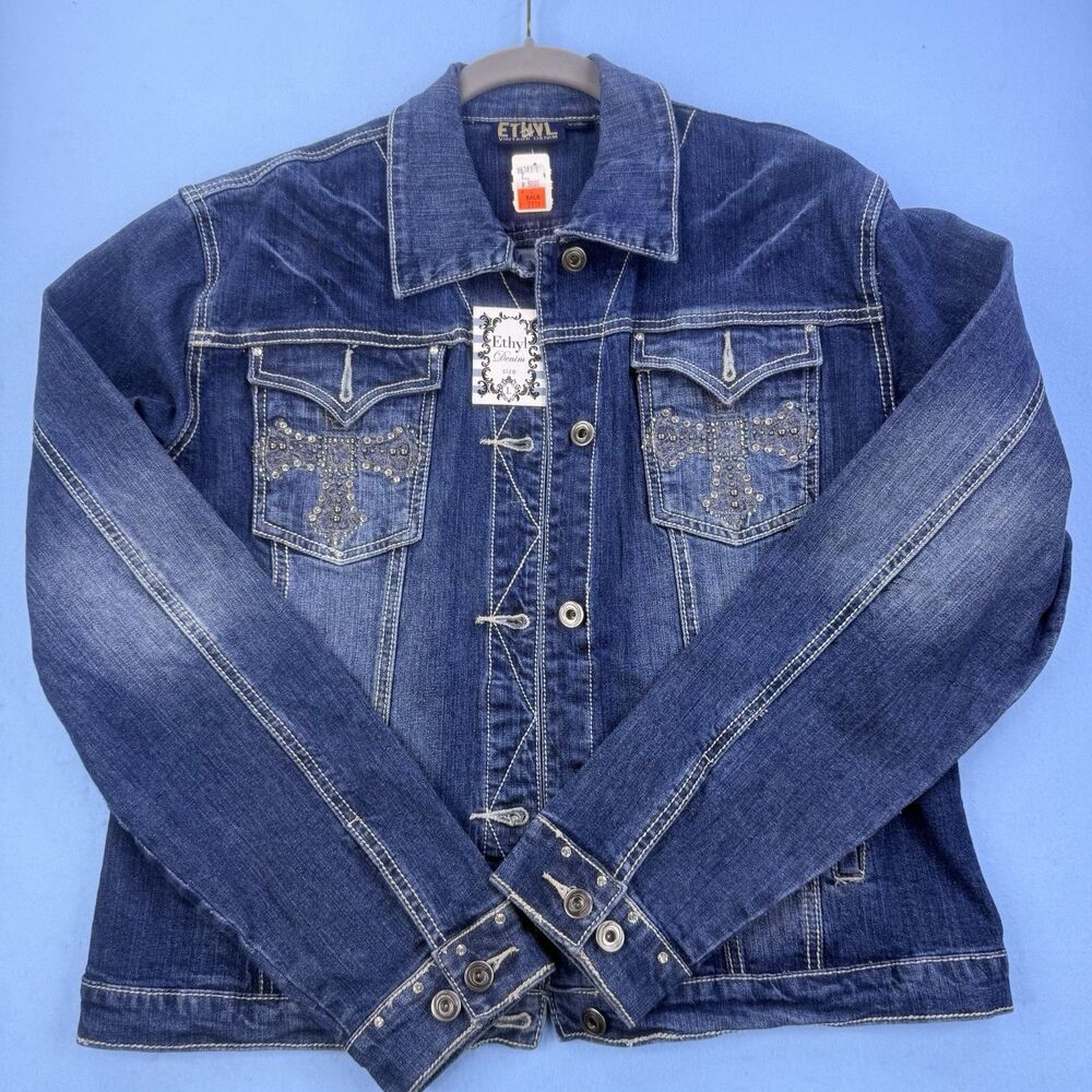 Ethyl Vintage Jean Denim Jacket Women’s Size L Gemstone Bedazzled Cross Y2K 1162